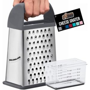 GORILLA GRIP XL 4-Sided Cheese Grater With Container, 100% BPA-Free Stainless Steel Box Graters, Parmesan Shredder, Grate Cheeses, Shred Veggies, Slip Resistant Handle, Dishwasher Safe Zester, Black(Gray)