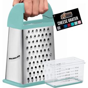 GORILLA GRIP XL 4-Sided Cheese Grater With Container, 100% BPA-Free Stainless Steel Box Graters, Parmesan Shredder, Grate Cheeses, Shred Veggies, Slip Resistant Handle, Dishwasher Safe Zester, Black(Mint)