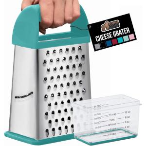 GORILLA GRIP XL 4-Sided Cheese Grater With Container, 100% BPA-Free Stainless Steel Box Graters, Parmesan Shredder, Grate Cheeses, Shred Veggies, Slip Resistant Handle, Dishwasher Safe Zester, Black(Turquoise)