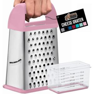 GORILLA GRIP XL 4-Sided Cheese Grater With Container, 100% BPA-Free Stainless Steel Box Graters, Parmesan Shredder, Grate Cheeses, Shred Veggies, Slip Resistant Handle, Dishwasher Safe Zester, Black(Pink)