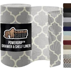 GORILLA GRIP powerGRIP Drawer Shelf and Cabinet Liner, Thick Strong Hold, Non-Adhesive Liners Protect Kitchen Cabinets and Cupboard, Bathroom Drawers, Easy Install, Breathable Mat, 12″ x20′, Gray(Quatrefoil: Gray/White)