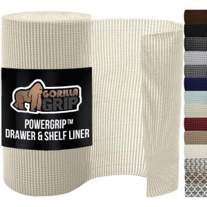 GORILLA GRIP powerGRIP Drawer Shelf and Cabinet Liner, Thick Strong Hold, Non-Adhesive Liners Protect Kitchen Cabinets and Cupboard, Bathroom Drawers, Easy Install, Breathable Mat, 12″ x20′, Gray(Cream)