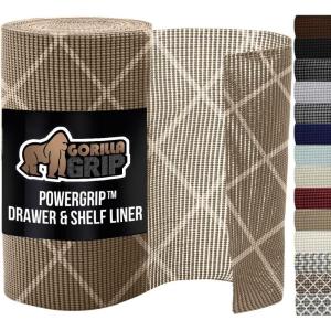 GORILLA GRIP powerGRIP Drawer Shelf and Cabinet Liner, Thick Strong Hold, Non-Adhesive Liners Protect Kitchen Cabinets and Cupboard, Bathroom Drawers, Easy Install, Breathable Mat, 12″ x20′, Gray(Diamond: Beige/Ivory)