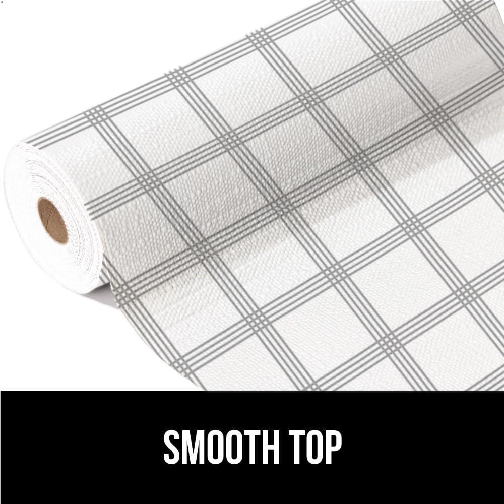 imageGORILLA GRIP DripGuard Shelf Liner Non Adhesive Drawer and Kitchen Cabinet Protector Slip Resistant BPA Free Smooth Surface Plastic Liners for Cabinets Bathrooms Closets 12x120 Inch GrayStripe GrayWhite
