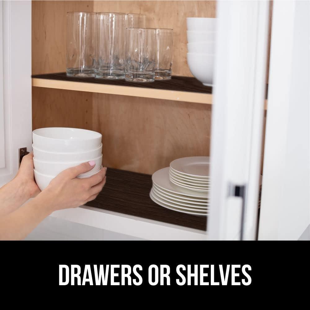 imageGORILLA GRIP DripGuard Shelf Liner Non Adhesive Drawer and Kitchen Cabinet Protector Slip Resistant BPA Free Smooth Surface Plastic Liners for Cabinets Bathrooms Closets 12x120 Inch GrayWood