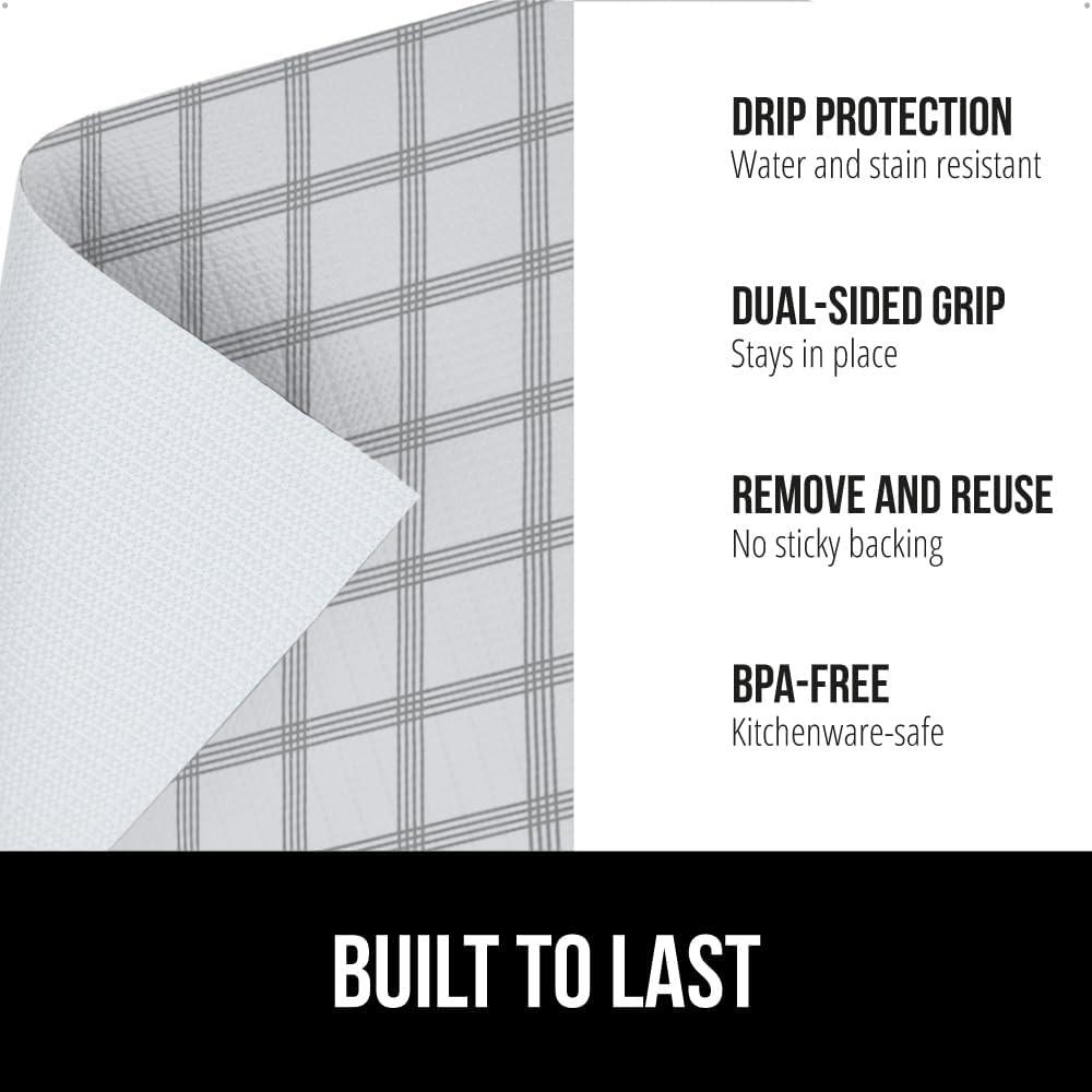 imageGORILLA GRIP DripGuard Shelf Liner Non Adhesive Drawer and Kitchen Cabinet Protector Slip Resistant BPA Free Smooth Surface Plastic Liners for Cabinets Bathrooms Closets 12x120 Inch GrayStripe GrayWhite