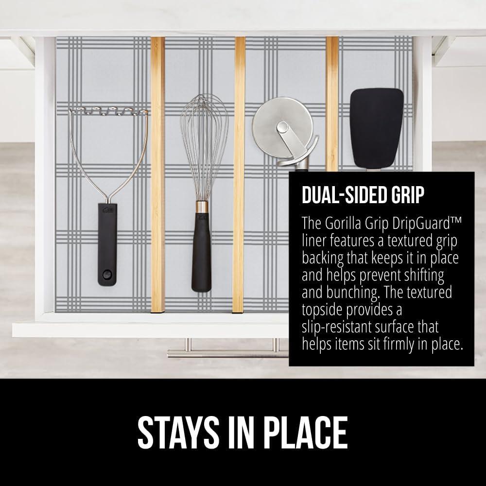 imageGORILLA GRIP DripGuard Shelf Liner Non Adhesive Drawer and Kitchen Cabinet Protector Slip Resistant BPA Free Smooth Surface Plastic Liners for Cabinets Bathrooms Closets 12x120 Inch GrayStripe GrayWhite