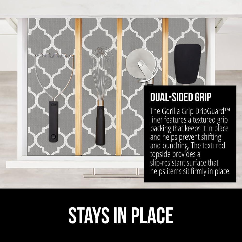 imageGORILLA GRIP DripGuard Shelf Liner Non Adhesive Drawer and Kitchen Cabinet Protector Slip Resistant BPA Free Smooth Surface Plastic Liners for Cabinets Bathrooms Closets 12x120 Inch GrayWhiteGray