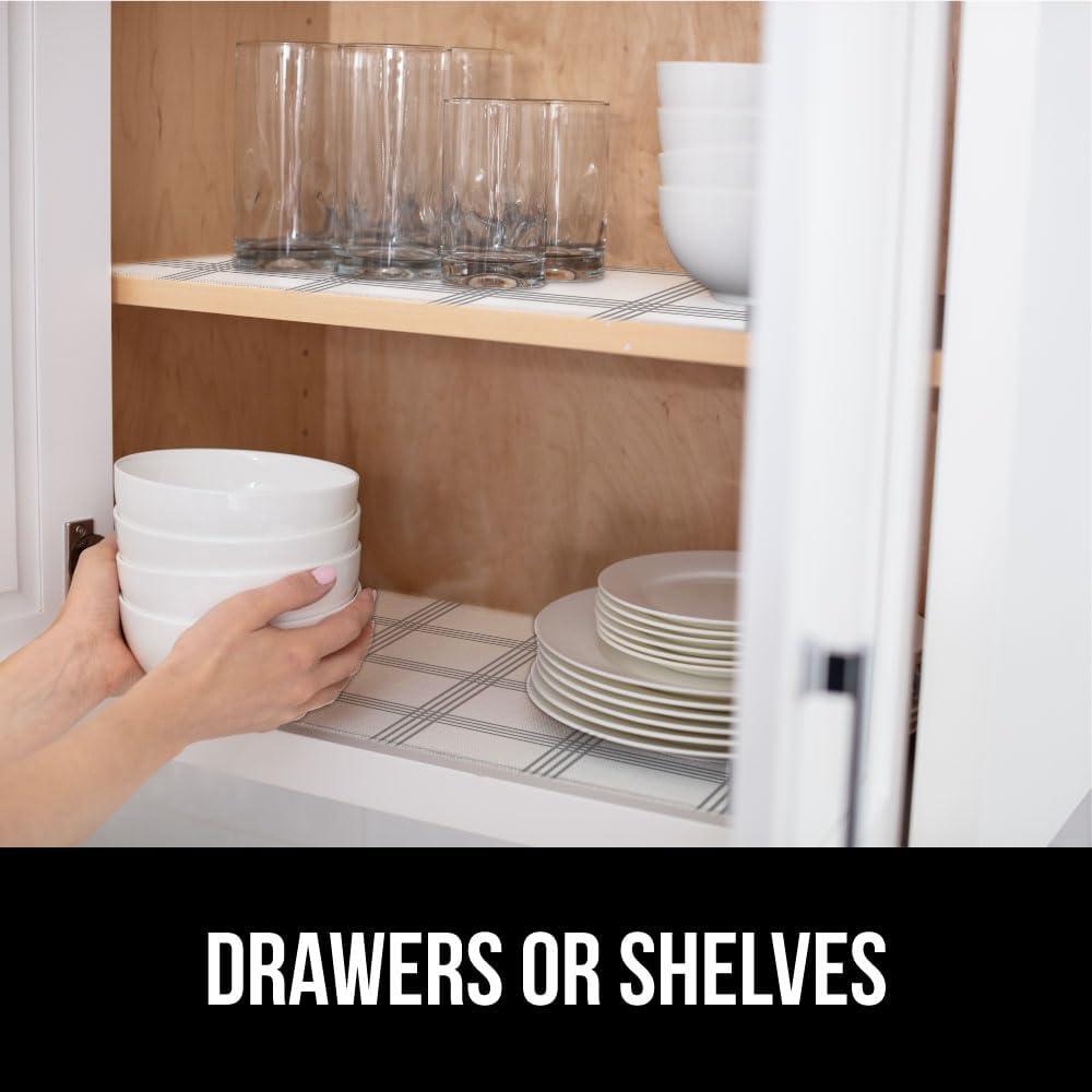 imageGORILLA GRIP DripGuard Shelf Liner Non Adhesive Drawer and Kitchen Cabinet Protector Slip Resistant BPA Free Smooth Surface Plastic Liners for Cabinets Bathrooms Closets 12x120 Inch GrayStripe GrayWhite