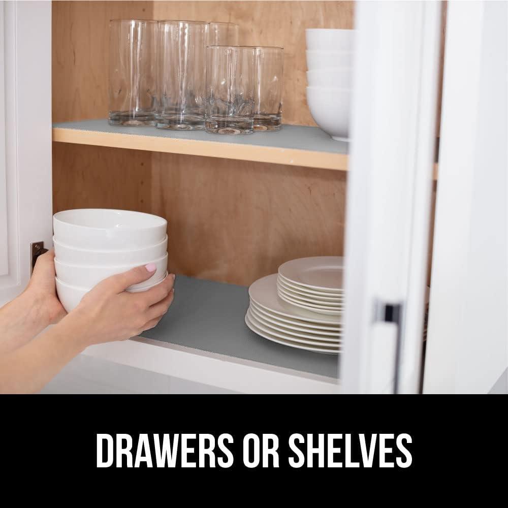 imageGORILLA GRIP DripGuard Shelf Liner Non Adhesive Drawer and Kitchen Cabinet Protector Slip Resistant BPA Free Smooth Surface Plastic Liners for Cabinets Bathrooms Closets 12x120 Inch GrayLight Gray
