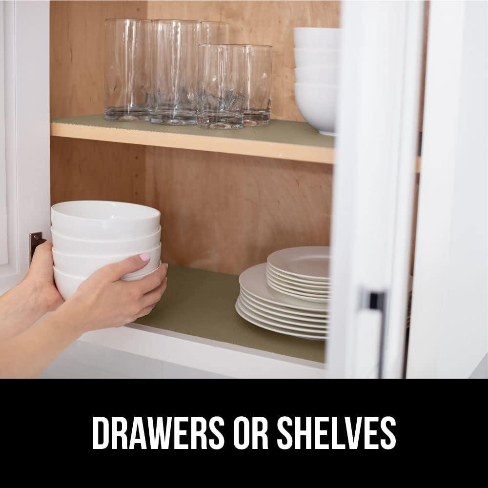 imageGORILLA GRIP DripGuard Shelf Liner Non Adhesive Drawer and Kitchen Cabinet Protector Slip Resistant BPA Free Smooth Surface Plastic Liners for Cabinets Bathrooms Closets 12x120 Inch GrayBeige