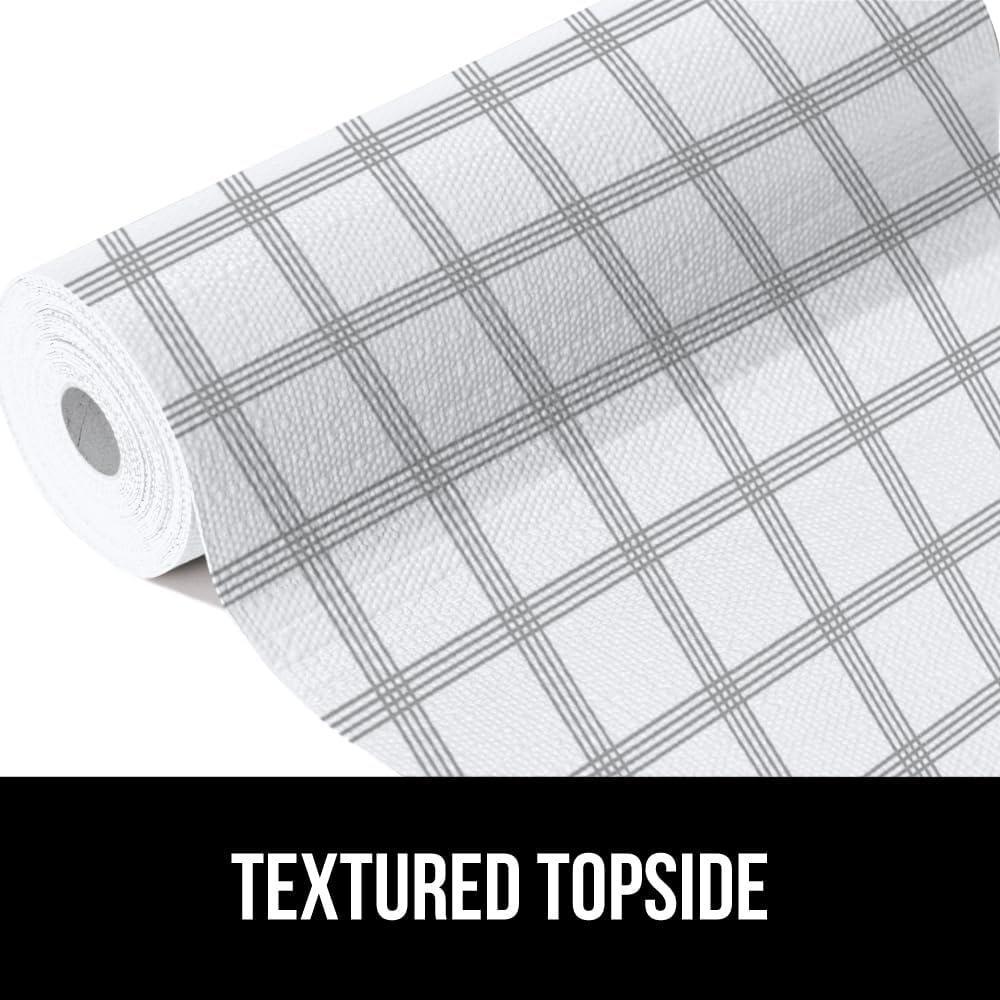 imageGORILLA GRIP DripGuard Shelf Liner Non Adhesive Drawer and Kitchen Cabinet Protector Slip Resistant BPA Free Smooth Surface Plastic Liners for Cabinets Bathrooms Closets 12x120 Inch GrayStripe GrayWhite
