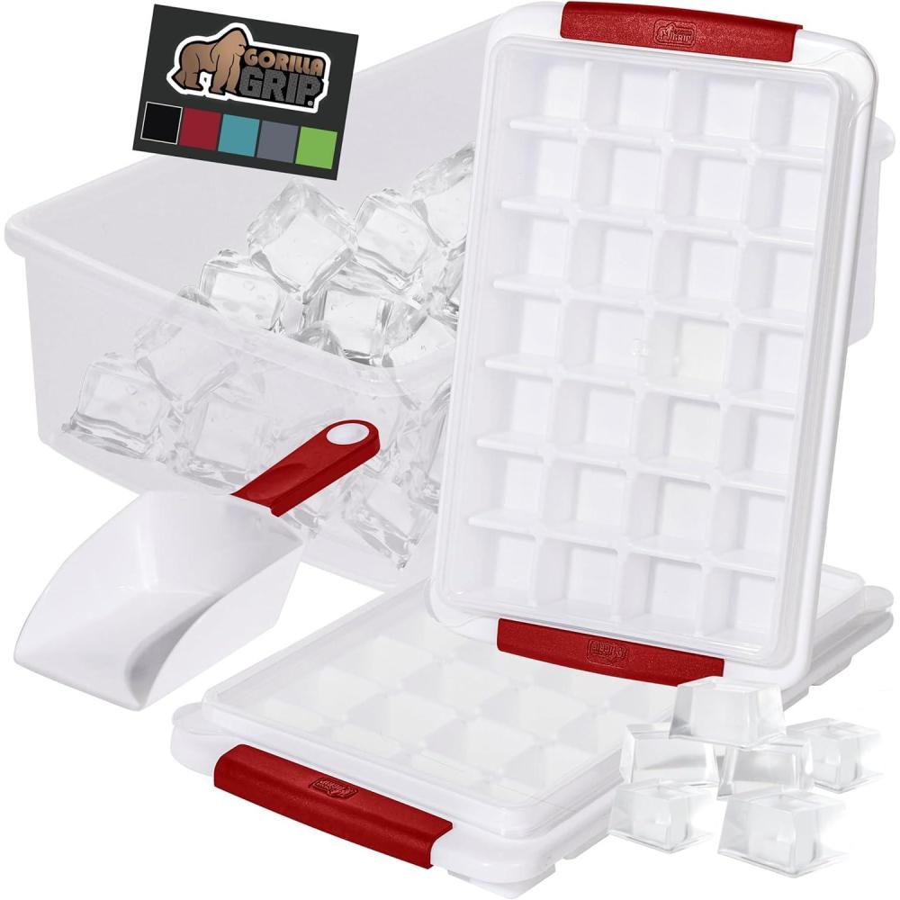 imageGORILLA GRIP BPAFree Easy Release Ice Cube Tray for Freezer Make Lots of Ice 56 Cubes Total Kit Includes 2 Stackable Leakproof Trays with Lid and Soft Handle Grips Scooper Bin For Coffee BlackRed