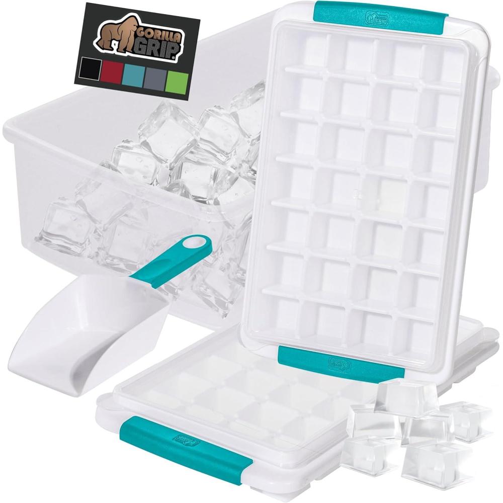 imageGORILLA GRIP BPAFree Easy Release Ice Cube Tray for Freezer Make Lots of Ice 56 Cubes Total Kit Includes 2 Stackable Leakproof Trays with Lid and Soft Handle Grips Scooper Bin For Coffee BlackTurquoise