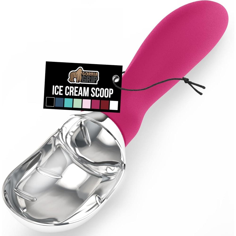 imageGORILLA GRIP BPAFree Heavy Duty Ice Cream Scoop Comfortable Ergonomic Handle Professional Grade Scooper for Perfect Round Scoops Spoon Frozen Hard Gelato Sorbet Cookie Dough Kitchen Tool BlackHot Pink