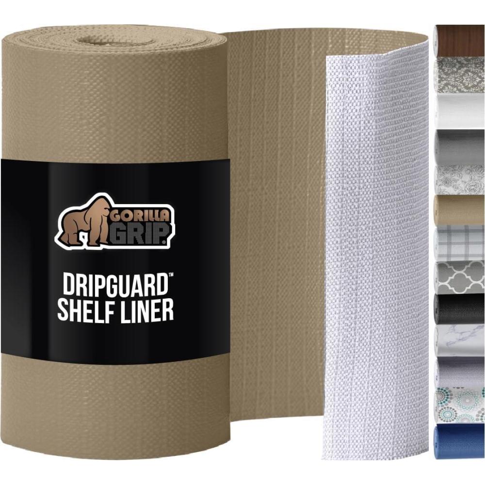 imageGORILLA GRIP DripGuard Shelf Liner Non Adhesive Drawer and Kitchen Cabinet Protector Slip Resistant BPA Free Smooth Surface Plastic Liners for Cabinets Bathrooms Closets 12x120 Inch GrayBeige