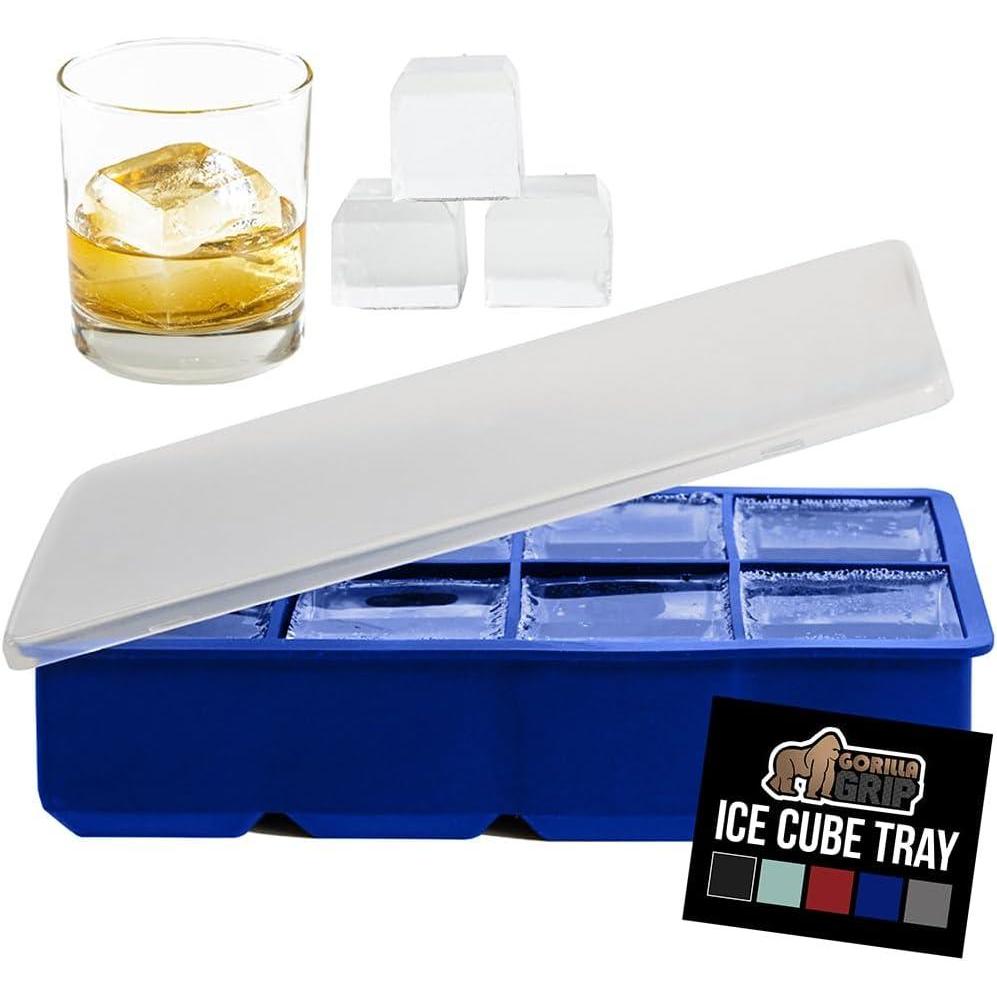 imageGORILLA GRIP Slow Melting Large Silicone Ice Cube Tray for Freezer Easy to Push 8 Giant Square Cubes Use for Cocktails Iced Coffee Water Bottle Frozen Puree Kitchen Bar Essentials 1 Pack BlackRoyal Blue