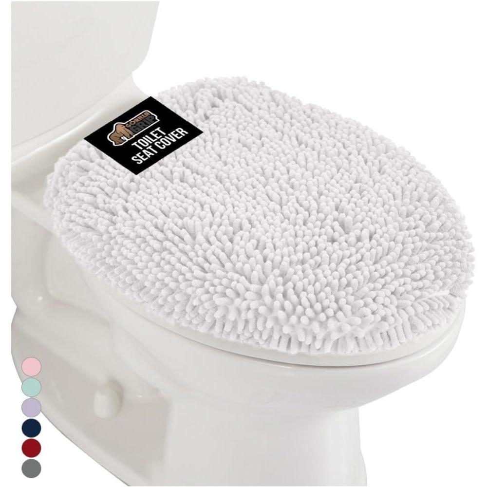 imageGORILLA GRIP Soft Chenille Bathroom Toilet Lid Cover Machine Washable Seat Covers 195x185 Stays in Place Rubber Backing Fits Most Round Elongated and Oblong Lids Accessories Decor GrayWhite