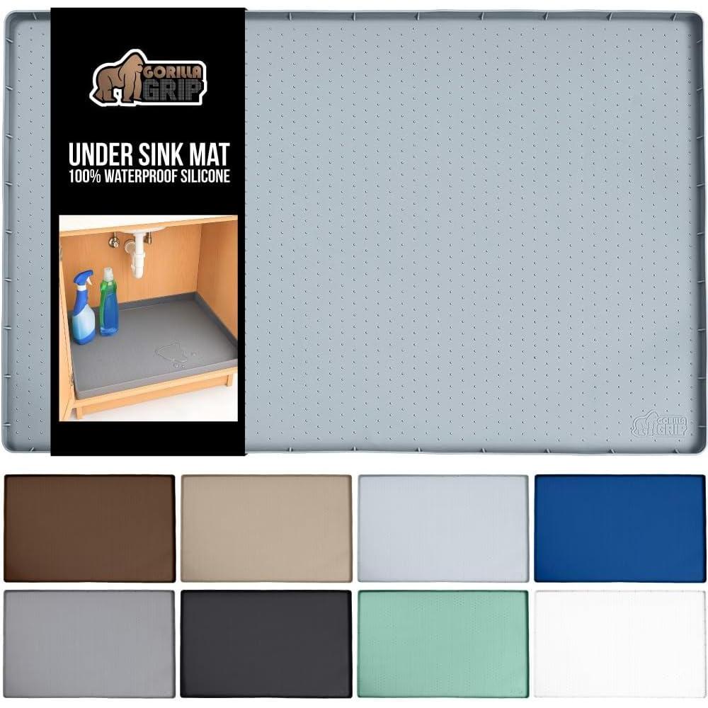 imageGORILLA GRIP Waterproof Silicone Under Sink Mat with Raised Lip for Kitchen and Bathroom 34 x 22 in Cabinet Shelf Liner Stay in Place Mats Dishwasher Safe Drawer Liner Organizer Tray BlackLight Grey