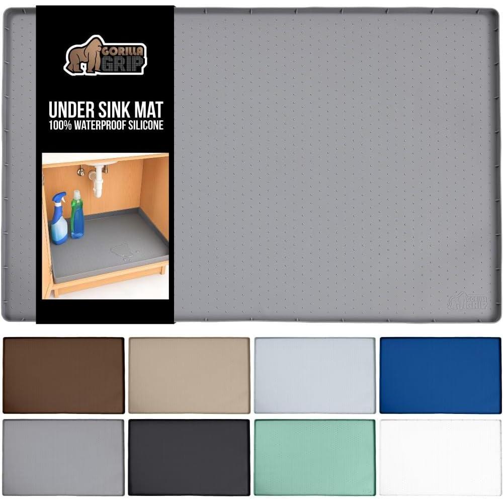 imageGORILLA GRIP Waterproof Silicone Under Sink Mat with Raised Lip for Kitchen and Bathroom 34 x 22 in Cabinet Shelf Liner Stay in Place Mats Dishwasher Safe Drawer Liner Organizer Tray BlackGray