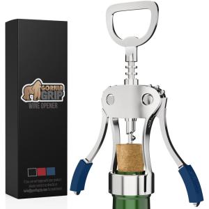GORILLA GRIP BPA-Free Premium Wine Opener, Heavy Duty Zinc Alloy Wing Corkscrew, Multifunctional Bottle Openers Remove Corks, Caps, Easy Use Sharp Cork Screw, Dishwasher Safe, Holiday Essential, Black(Blue)