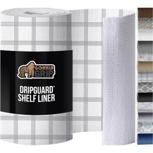 GORILLA GRIP DripGuard Shelf Liner, Non Adhesive Drawer and Kitchen Cabinet Protector, Slip Resistant BPA Free Smooth Surface Plastic Liners for Cabinets, Bathrooms, Closets, 12×120 Inch, White(Stripe: Gray/White)