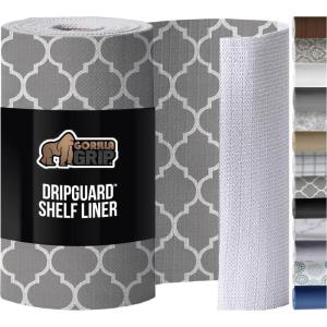 GORILLA GRIP DripGuard Shelf Liner, Non Adhesive Drawer and Kitchen Cabinet Protector, Slip Resistant BPA Free Smooth Surface Plastic Liners for Cabinets, Bathrooms, Closets, 12×120 Inch, Gray(White/Gray)