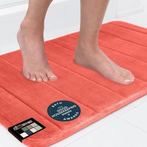 GORILLA GRIP Memory Foam Bath Mat, Soft Absorbent US Designed Bathroom Rug, Gripping Dots Machine Washable Bathmat, Cushioned Floor Mats, Shower Sink Rugs Room Décor Accessories, 24×17 Graphite Gray(Striped Coral)