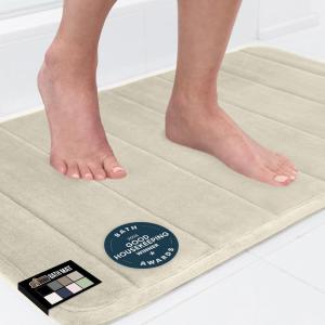 GORILLA GRIP Memory Foam Bath Mat, Soft Absorbent US Designed Bathroom Rug, Gripping Dots Machine Washable Bathmat, Cushioned Floor Mats, Shower Sink Rugs Room Décor Accessories, 24×17 Graphite Gray(Striped Champagne)