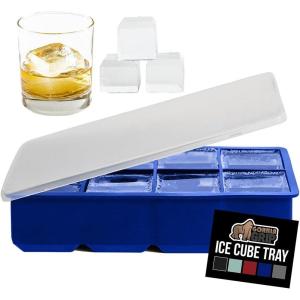 GORILLA GRIP Slow Melting Large Silicone Ice Cube Tray for Freezer, Easy to Push 8 Giant Square Cubes, Use for Cocktails, Iced Coffee, Water Bottle, Frozen Puree, Kitchen Bar Essentials, 1 Pack, Black(Royal Blue)