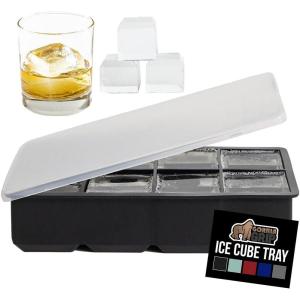 GORILLA GRIP Slow Melting Large Silicone Ice Cube Tray for Freezer, Easy to Push 8 Giant Square Cubes, Use for Cocktails, Iced Coffee, Water Bottle, Frozen Puree, Kitchen Bar Essentials, 1 Pack, Black(Black)