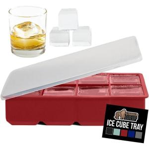 GORILLA GRIP Slow Melting Large Silicone Ice Cube Tray for Freezer, Easy to Push 8 Giant Square Cubes, Use for Cocktails, Iced Coffee, Water Bottle, Frozen Puree, Kitchen Bar Essentials, 1 Pack, Black(Red)