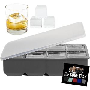 GORILLA GRIP Slow Melting Large Silicone Ice Cube Tray for Freezer, Easy to Push 8 Giant Square Cubes, Use for Cocktails, Iced Coffee, Water Bottle, Frozen Puree, Kitchen Bar Essentials, 1 Pack, Black(Gray)