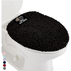 GORILLA GRIP Soft Chenille Bathroom Toilet Lid Cover, Machine Washable Seat Covers, 19.5×18.5, Stays in Place Rubber Backing, Fits Most Round, Elongated and Oblong Lids, Accessories Decor, Gray(Black)