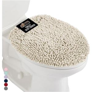 GORILLA GRIP Soft Chenille Bathroom Toilet Lid Cover, Machine Washable Seat Covers, 19.5×18.5, Stays in Place Rubber Backing, Fits Most Round, Elongated and Oblong Lids, Accessories Decor, Gray(Ivory)