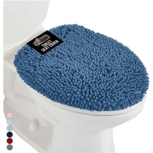 GORILLA GRIP Soft Chenille Bathroom Toilet Lid Cover, Machine Washable Seat Covers, 19.5×18.5, Stays in Place Rubber Backing, Fits Most Round, Elongated and Oblong Lids, Accessories Decor, Gray(Blue)