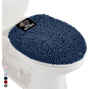 GORILLA GRIP Soft Chenille Bathroom Toilet Lid Cover, Machine Washable Seat Covers, 19.5×18.5, Stays in Place Rubber Backing, Fits Most Round, Elongated and Oblong Lids, Accessories Decor, Gray(Navy)
