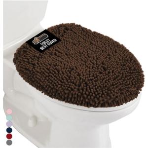 GORILLA GRIP Soft Chenille Bathroom Toilet Lid Cover, Machine Washable Seat Covers, 19.5×18.5, Stays in Place Rubber Backing, Fits Most Round, Elongated and Oblong Lids, Accessories Decor, Gray(Brown)