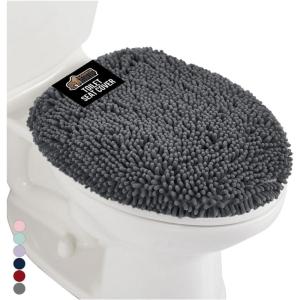 GORILLA GRIP Soft Chenille Bathroom Toilet Lid Cover, Machine Washable Seat Covers, 19.5×18.5, Stays in Place Rubber Backing, Fits Most Round, Elongated and Oblong Lids, Accessories Decor, Gray(Charcoal)
