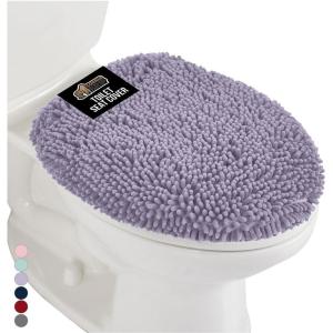 GORILLA GRIP Soft Chenille Bathroom Toilet Lid Cover, Machine Washable Seat Covers, 19.5×18.5, Stays in Place Rubber Backing, Fits Most Round, Elongated and Oblong Lids, Accessories Decor, Gray(Light Purple)
