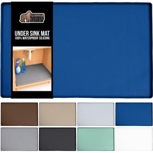 GORILLA GRIP Waterproof Silicone Under Sink Mat with Raised Lip for Kitchen and Bathroom, 34 x 22 in, Cabinet Shelf Liner Stay in Place Mats Dishwasher Safe Drawer Liner, Organizer Tray, Black(Blue)