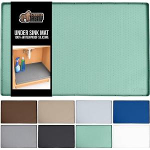 GORILLA GRIP Waterproof Silicone Under Sink Mat with Raised Lip for Kitchen and Bathroom, 34 x 22 in, Cabinet Shelf Liner Stay in Place Mats Dishwasher Safe Drawer Liner, Organizer Tray, Black(Mint)