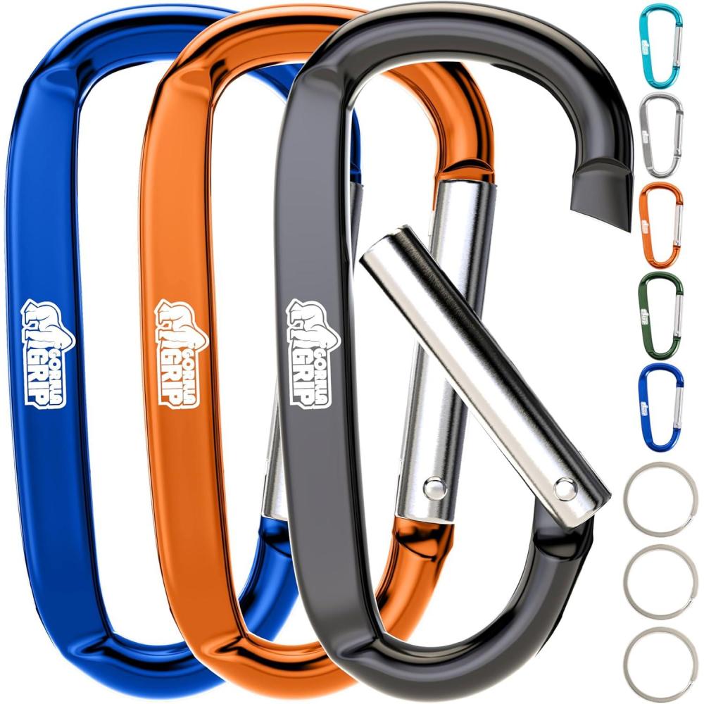 imageGORILLA GRIP 3 Inch Heavy Duty Aluminum Carabiner Clip Clips Holds 170lbs Rust ScratchResistant Mini Keychain Carabiners for Keys Small Ring Hooks Bag Backpack PurseBlackOrangeBlue
