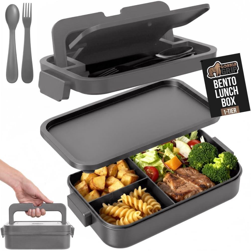 imageGORILLA GRIP BPAFree Leakproof 5Compartment Bento Lunch Box for Adults Kids 2 Tier Style Microwave Safe Hot and Cold Food Containers Easy to Carry Lid Includes BuiltIn Utensils Set BlackGray