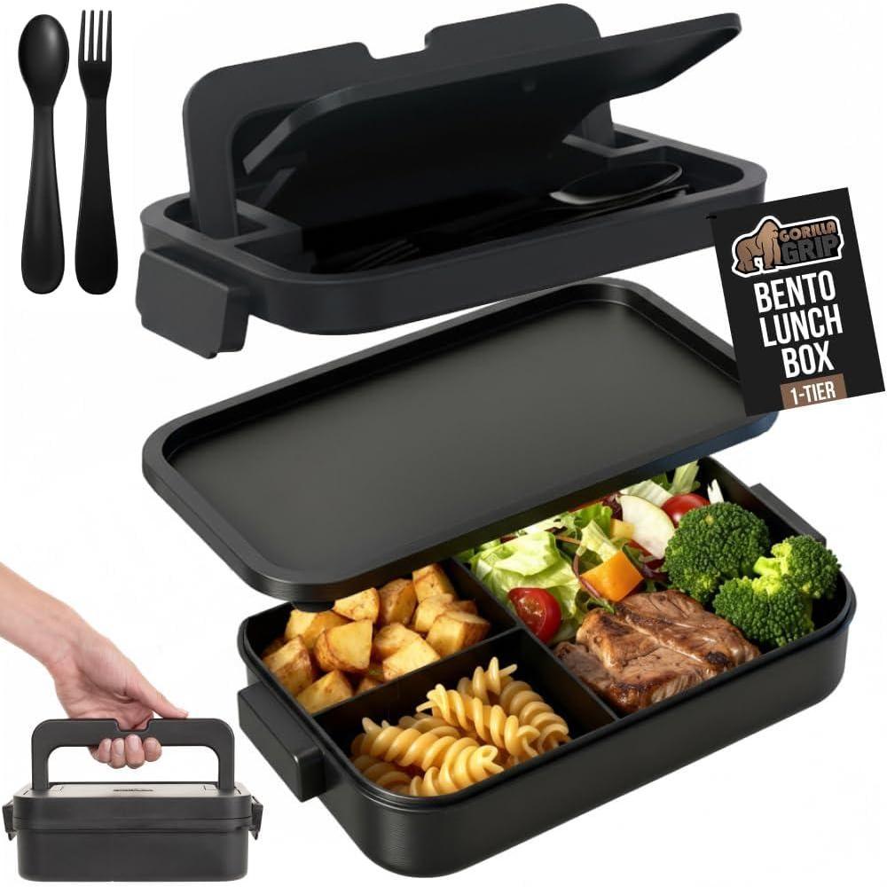 imageGORILLA GRIP BPAFree Leakproof 5Compartment Bento Lunch Box for Adults Kids 2 Tier Style Microwave Safe Hot and Cold Food Containers Easy to Carry Lid Includes BuiltIn Utensils Set BlackBlack