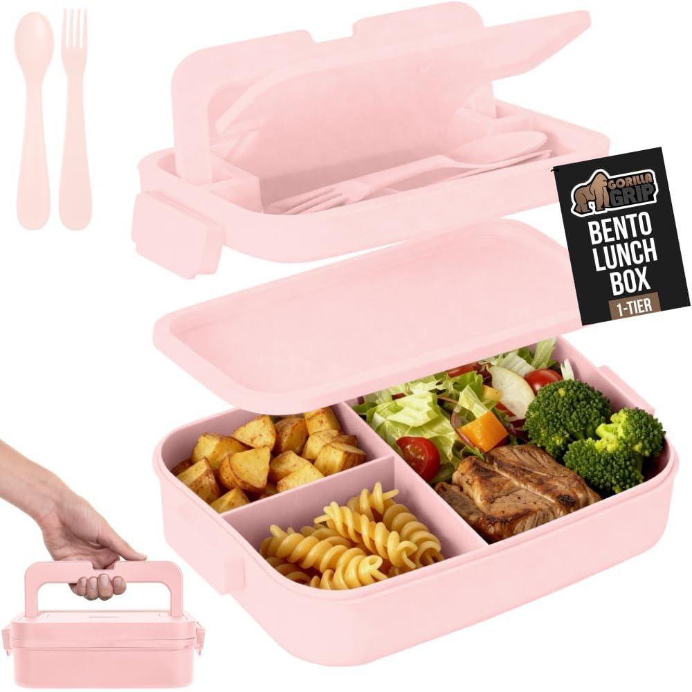 imageGORILLA GRIP BPAFree Leakproof 5Compartment Bento Lunch Box for Adults Kids 2 Tier Style Microwave Safe Hot and Cold Food Containers Easy to Carry Lid Includes BuiltIn Utensils Set BlackPink