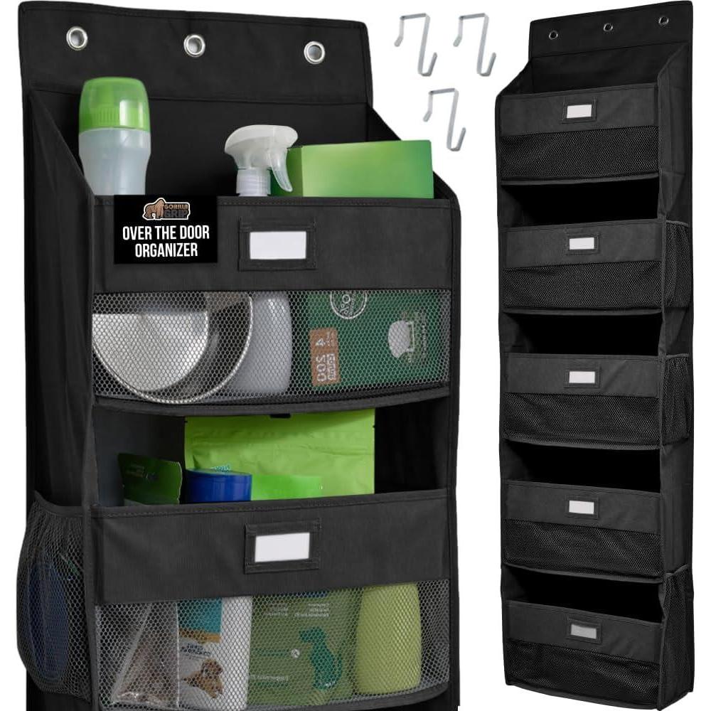 imageGORILLA GRIP Large Capacity Closet Organizer 5 Deep Shelves Holds 50lbs Over the Door Organizers 6 Mesh Pockets Shelf Storage for Clothes Crafts Dorm Essentials 3 Metal Hooks 58x15 Inches GrayBlack