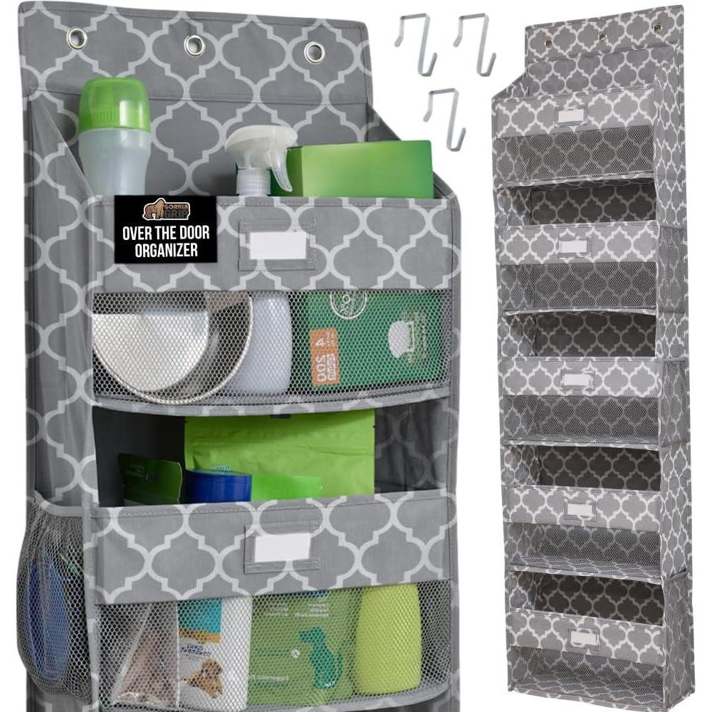 imageGORILLA GRIP Large Capacity Closet Organizer 5 Deep Shelves Holds 50lbs Over the Door Organizers 6 Mesh Pockets Shelf Storage for Clothes Crafts Dorm Essentials 3 Metal Hooks 58x15 Inches GrayGray Quatrefoil