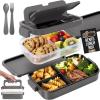 GORILLA GRIP BPA-Free Leakproof 5-Compartment Bento Lunch Box for Adults, Kids, 2 Tier Style, Microwave Safe Hot and Cold Food Containers, Easy to Carry Lid Includes Built-In Utensils Set, Black(Gray)
