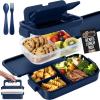 GORILLA GRIP BPA-Free Leakproof 5-Compartment Bento Lunch Box for Adults, Kids, 2 Tier Style, Microwave Safe Hot and Cold Food Containers, Easy to Carry Lid Includes Built-In Utensils Set, Black(Navy)